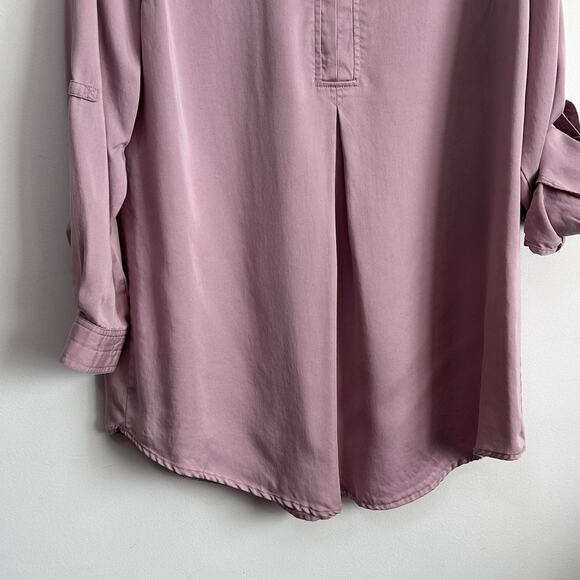 Soft Surroundings Tencel Tunic L Dusty Rose Roll Tab Sleeve Top Half Snap 2AC71 - Picture 2 of 8